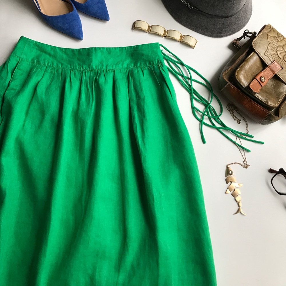 J.Crew A line Easy Linen Green Midi Skirt with Ti…